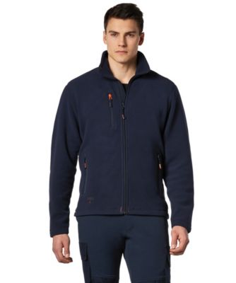 Navy blue front zip jacket made from 100% recycled polyester, featuring a high collar, zippered chest pocket, and contrasting orange accents, available in 3XL size.