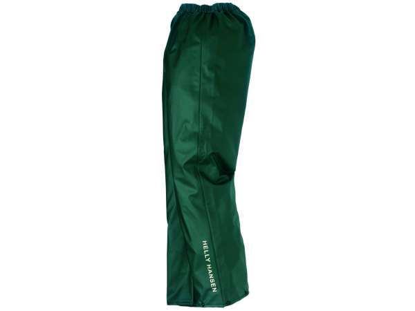Dark green Helly Hansen VOSS men's pants made from waterproof material, featuring an elastic waistband and the brand logo printed in white along the side.