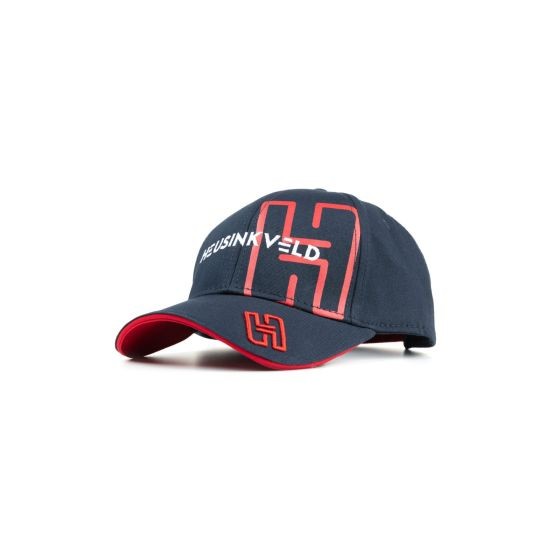Navy blue baseball cap featuring a red curved visor, embroidered "HEUSINKVELD" logo on the front, and a stylized "H" on the side.