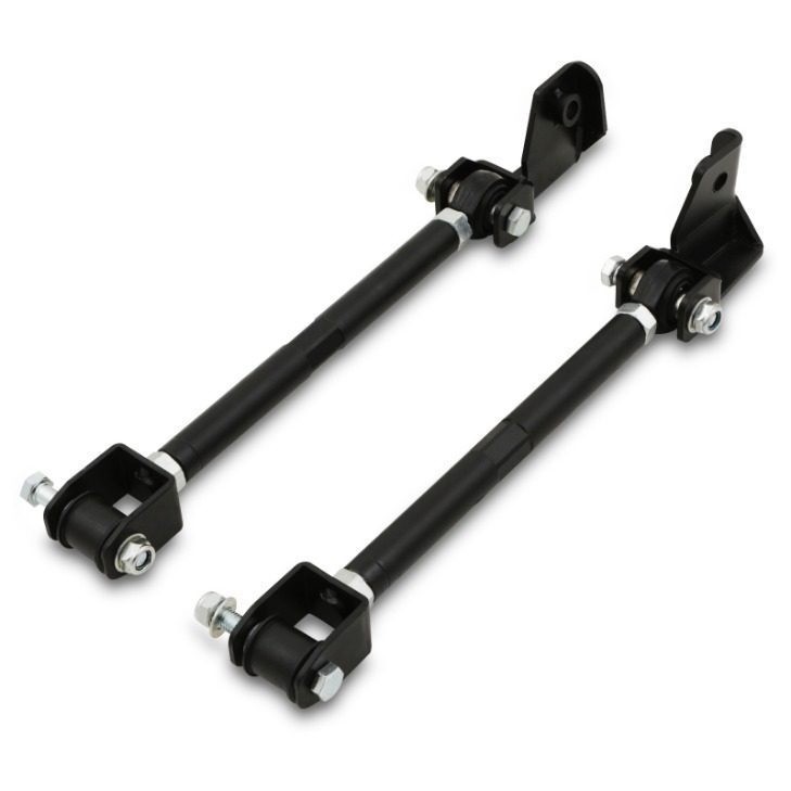 Black HICAS delete kit featuring two adjustable rods with rubber bushings and metal brackets, designed for Nissan Skyline R32/R33/R34 and Silvia S14/S15 models from 1989 to 2002.