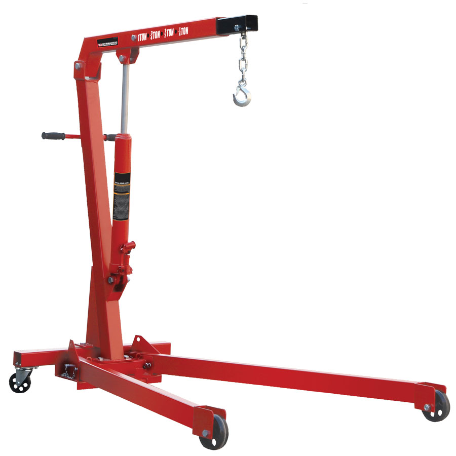 Red Hilka 1 Tonne Engine Crane with a sturdy steel frame, adjustable arm, hydraulic lift mechanism, and swivel casters for mobility, featuring a hook for lifting engines.