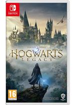 Cover art for "Hogwarts Legacy" featuring a wizard in a cloak, standing on a cliff with Hogwarts Castle in the background, surrounded by mist and flying creatures, with a blue and gray color scheme.