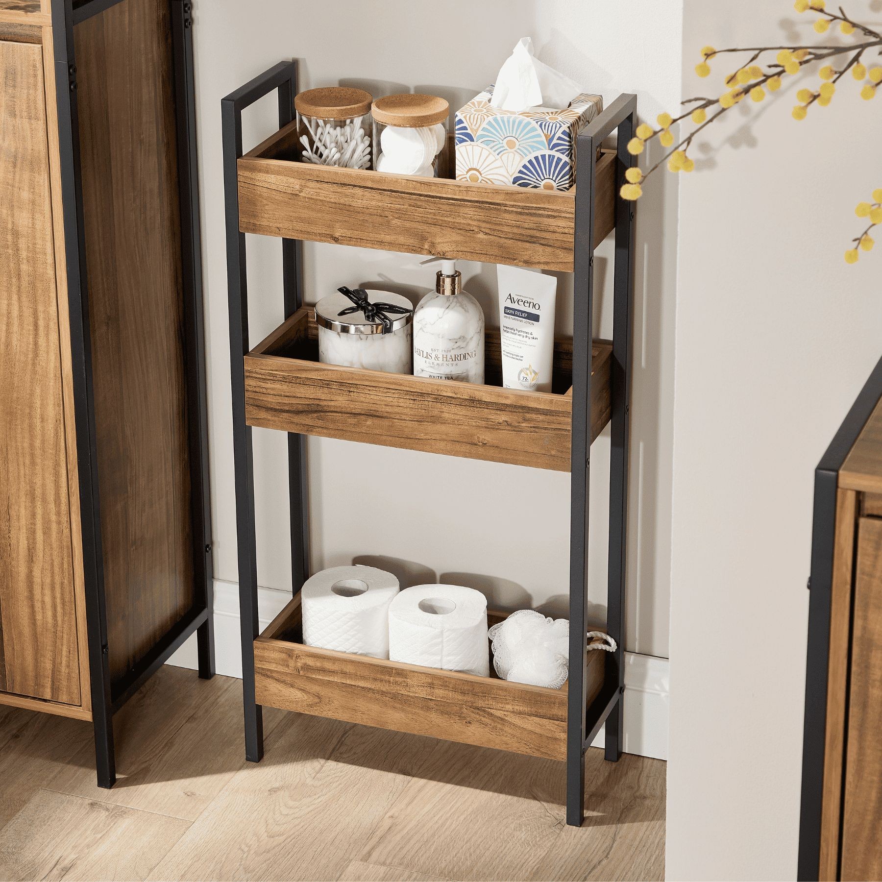 Home Source Locastra 3 Shelf Oak and Black Bathroom Storage Unit - image 2