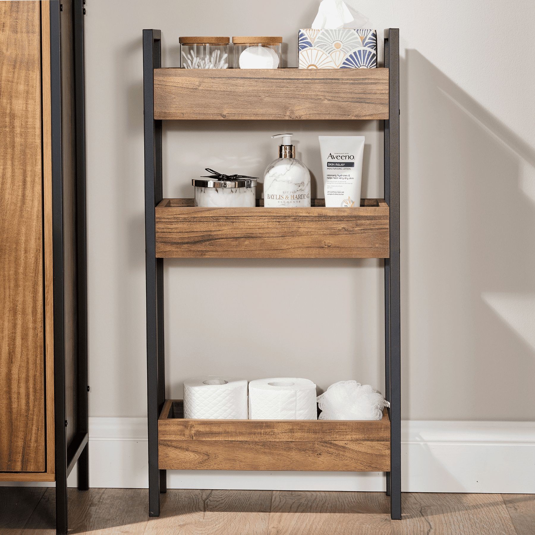 Home Source Locastra 3 Shelf Oak and Black Bathroom Storage Unit - image 3