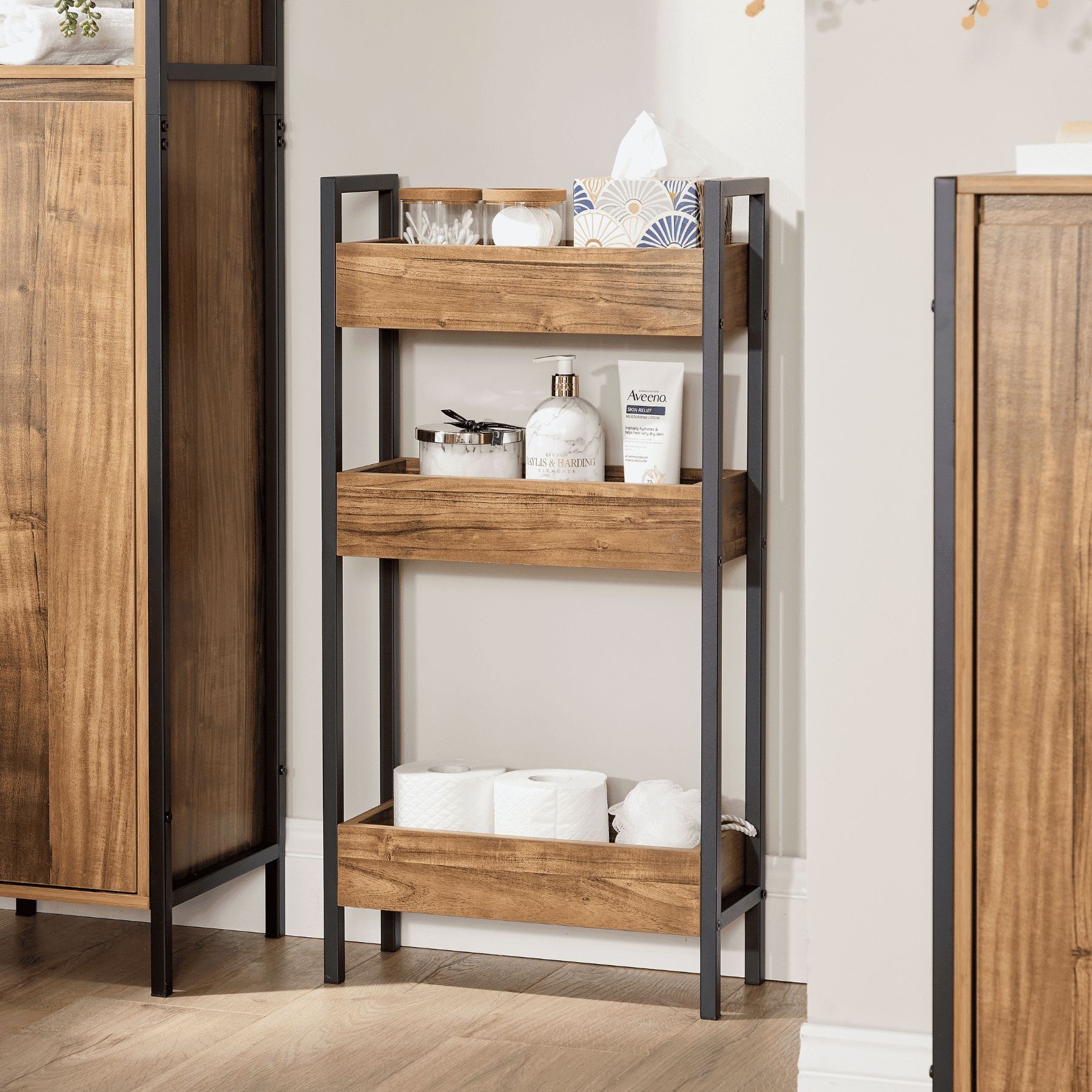 Home Source Locastra 3 Shelf Oak and Black Bathroom Storage Unit - image 4
