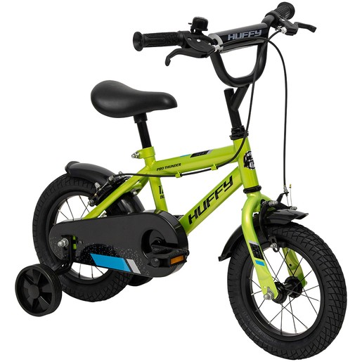 Bright green Huffy Pro Thunder kids' bike featuring a sturdy frame, black seat, training wheels, and textured grips, designed for young riders.