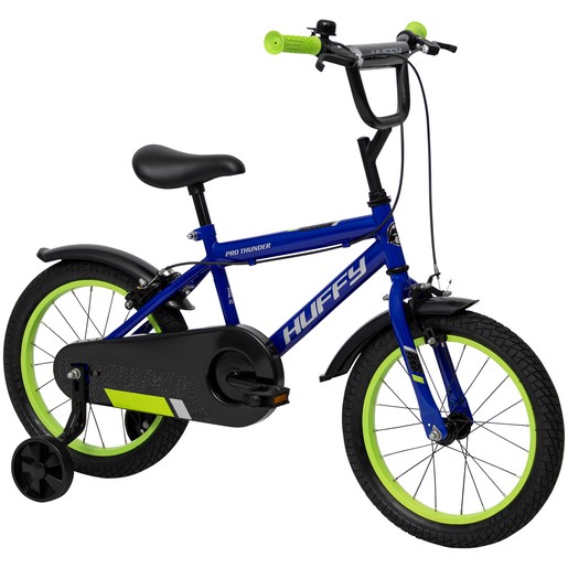 Blue Huffy Pro Thunder 16-inch bike featuring a sturdy frame, green accents on the wheels and handlebars, a comfortable black seat, and training wheels for stability.
