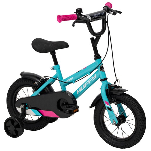 Huffy So Sweet 12-inch bike in blue with pink accents, featuring training wheels, a black seat, and a sturdy frame designed for young riders.
