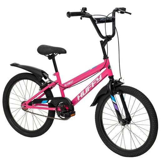 Rose pink Huffy So Sweet 20" bike featuring a lightweight frame, black seat, and colorful accents on the frame, with black tires and handlebars for a stylish look.