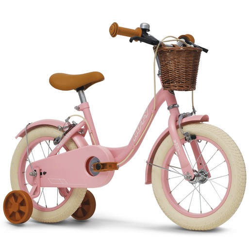 Vintage 14" pink bike by Huffy features a lightweight frame, brown leatherette seat, wicker front basket, and cream-colored tires with orange training wheels.