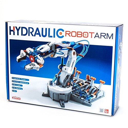 Construct & Create's Hydraulic Robot Arm kit features a colorful design with blue and orange accents, showcasing hydraulic components and a sturdy base for hands-on learning.
