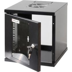 Black metal wall-mounted network cabinet with a transparent glass door, 6U size, featuring a ventilation fan and key lock for security.