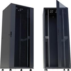 Free-standing Intellinet 19" network cabinet, 16U, features a sleek black metal frame with transparent glass doors, designed for optimal equipment storage and ventilation.