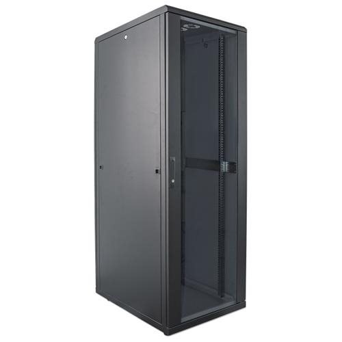 Free-standing Intellinet 19" network cabinet in black, 32U size, featuring a glass front door, steel construction, and dimensions of 600x800mm for secure equipment storage.