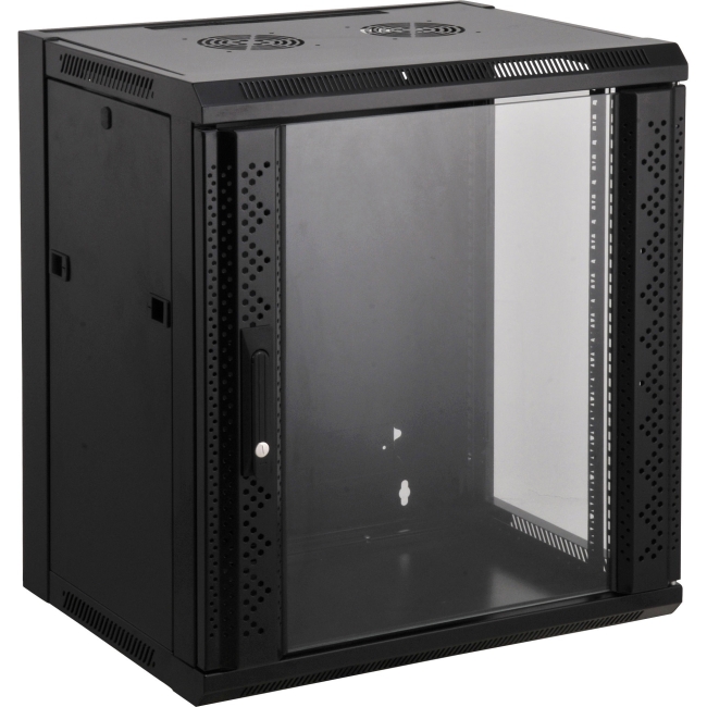 Black 19" wall-mounted network cabinet with a transparent glass door, 15U capacity, and ventilation holes on the top and sides for airflow.