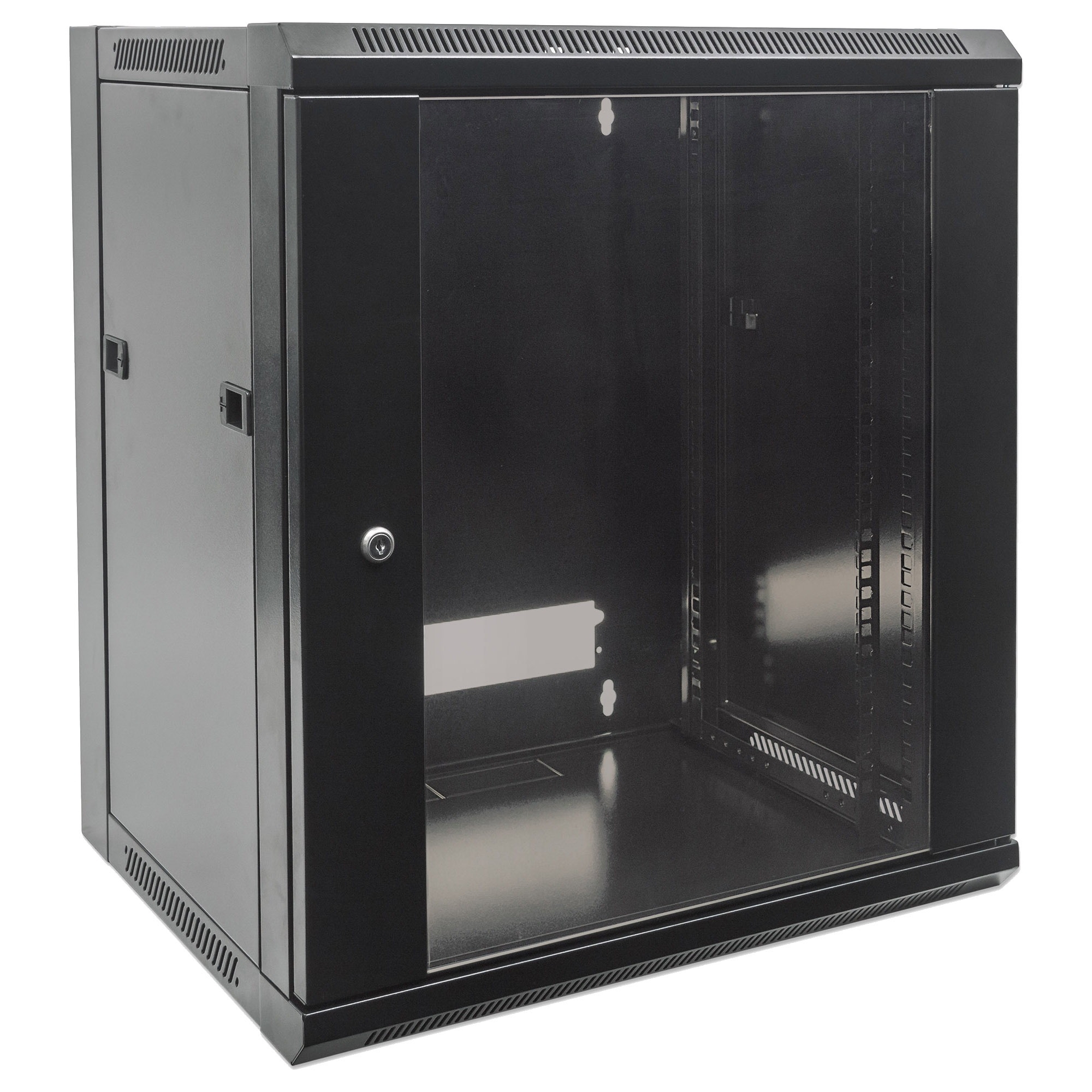 Black 19" wall-mounted network cabinet with a transparent glass door, 9U height, made of sturdy metal, featuring ventilation slots and locking mechanism for security.