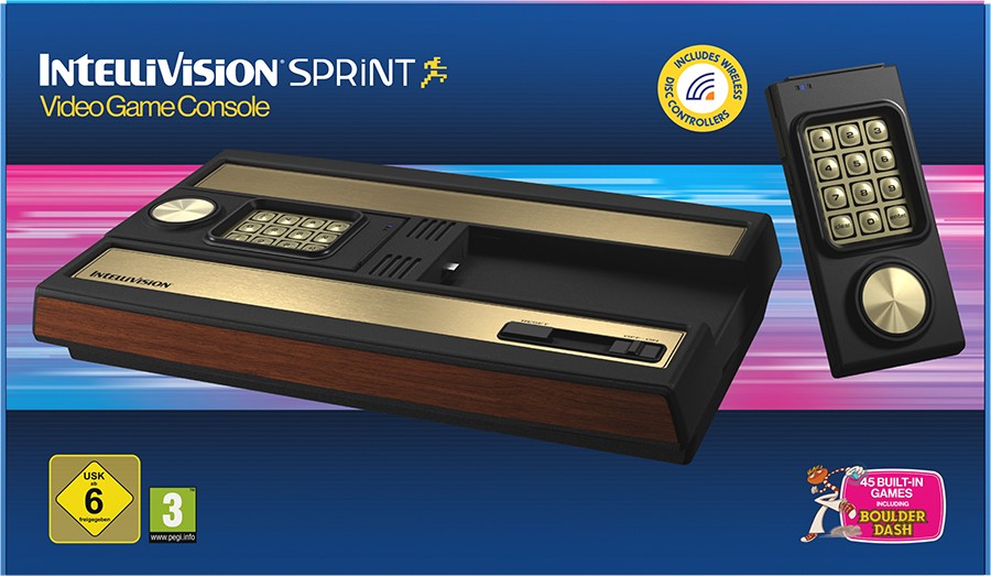 Black and gold video game console with a wooden finish, featuring a keypad controller and the "Intellivision Sprint" branding on a vibrant blue background.