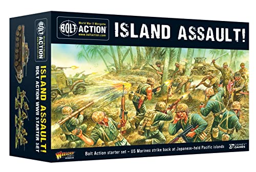 Boxed set for "Island Assault! Bolt Action Starter Set" featuring US Marines in action against Japanese forces, with vibrant artwork depicting a battle scene and military vehicles.