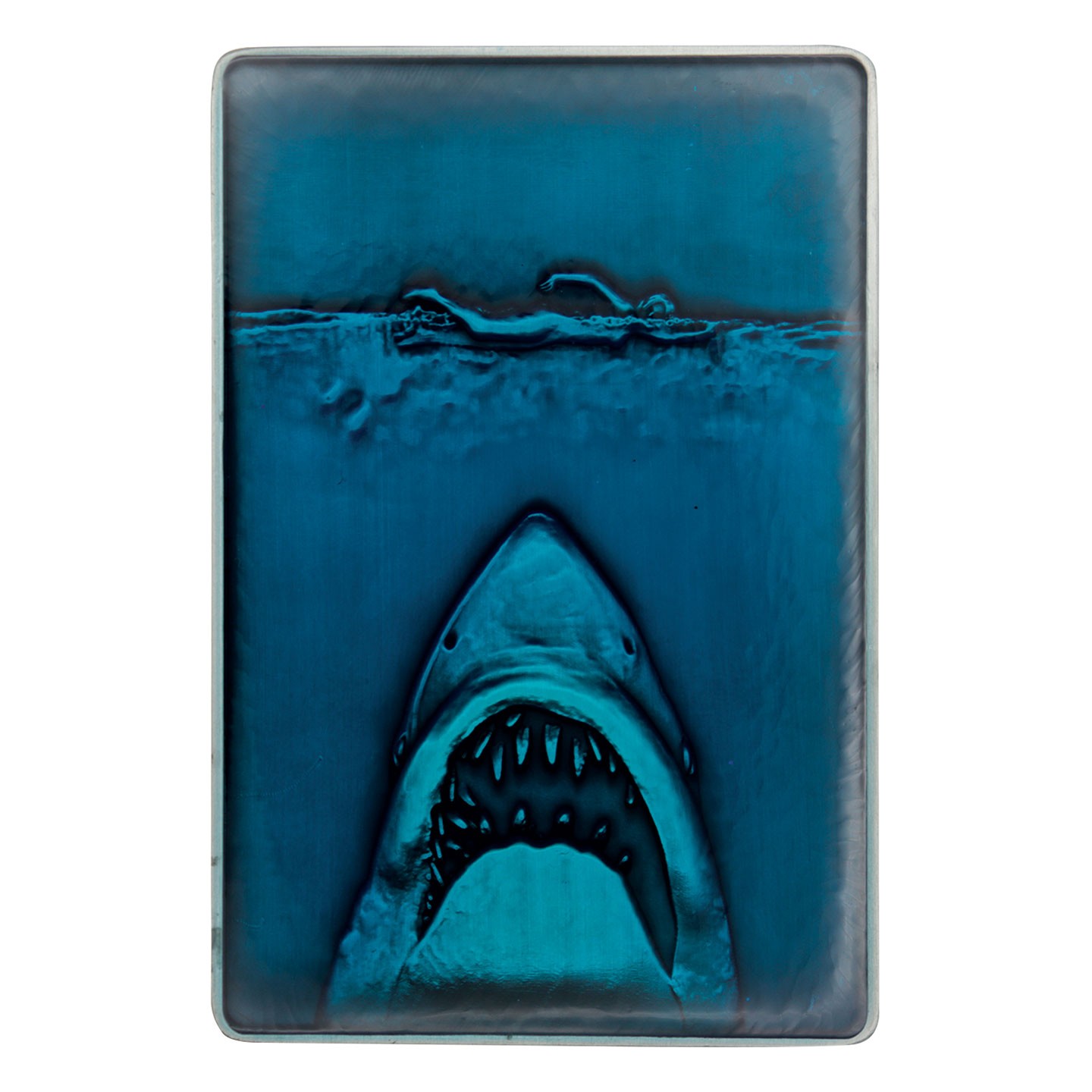 A blue-toned ingot featuring a raised image of a shark with bared teeth, set against a water surface, commemorating the 50th anniversary of "Jaws" by Fanattik.