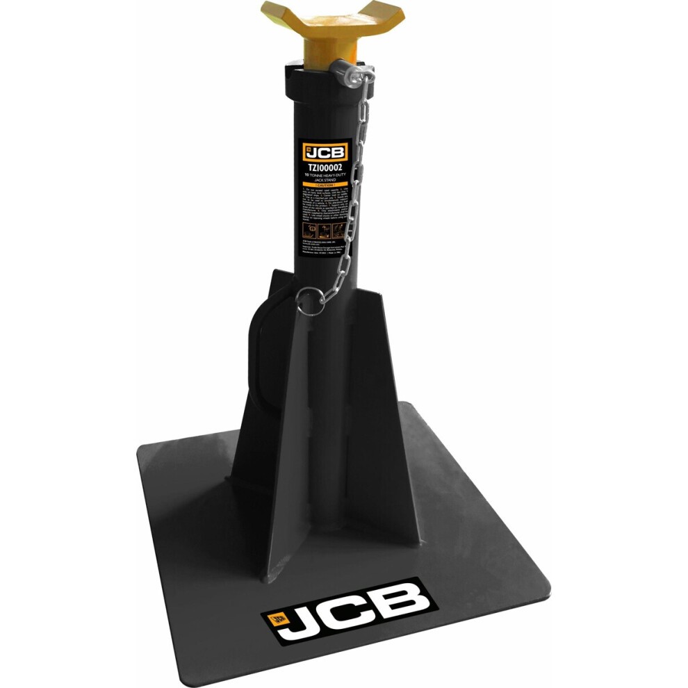 Black metal JCB 10 Tonne Axle Stand with a yellow handle, adjustable lift height of 450-698mm, featuring a sturdy base and safety chain for secure use.