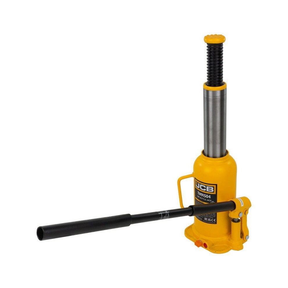 Yellow and black JCB hydraulic bottle jack with a maximum lift of 460mm, featuring a sturdy metal body, a long handle, and a prominent JCB logo.