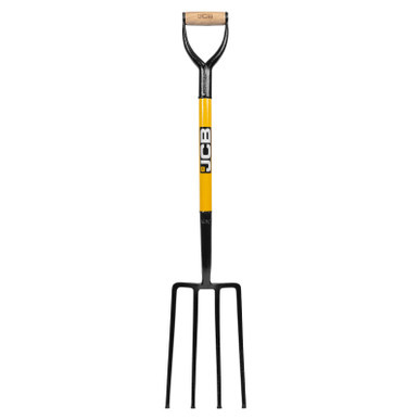 Heavy-duty garden fork with a solid forged steel head, four sharp tines, a yellow and black handle, and a sturdy grip, designed for professional use by JCB.