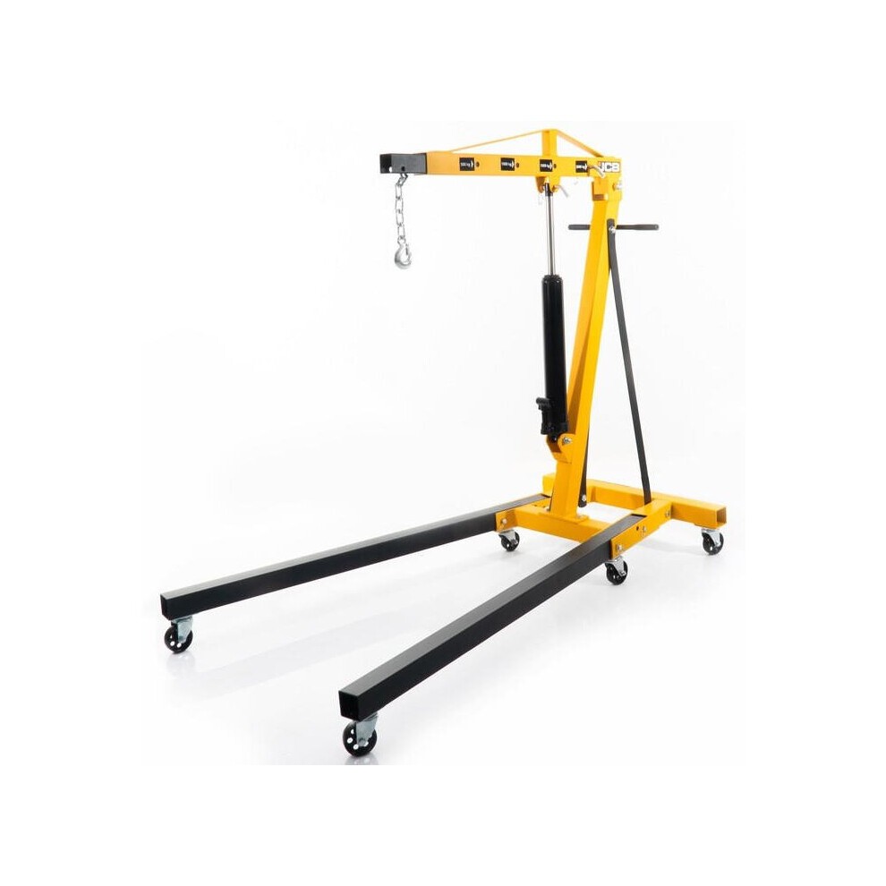 Yellow and black foldable hydraulic engine crane with a chain hoist, adjustable arm, and sturdy wheeled base for easy maneuverability.