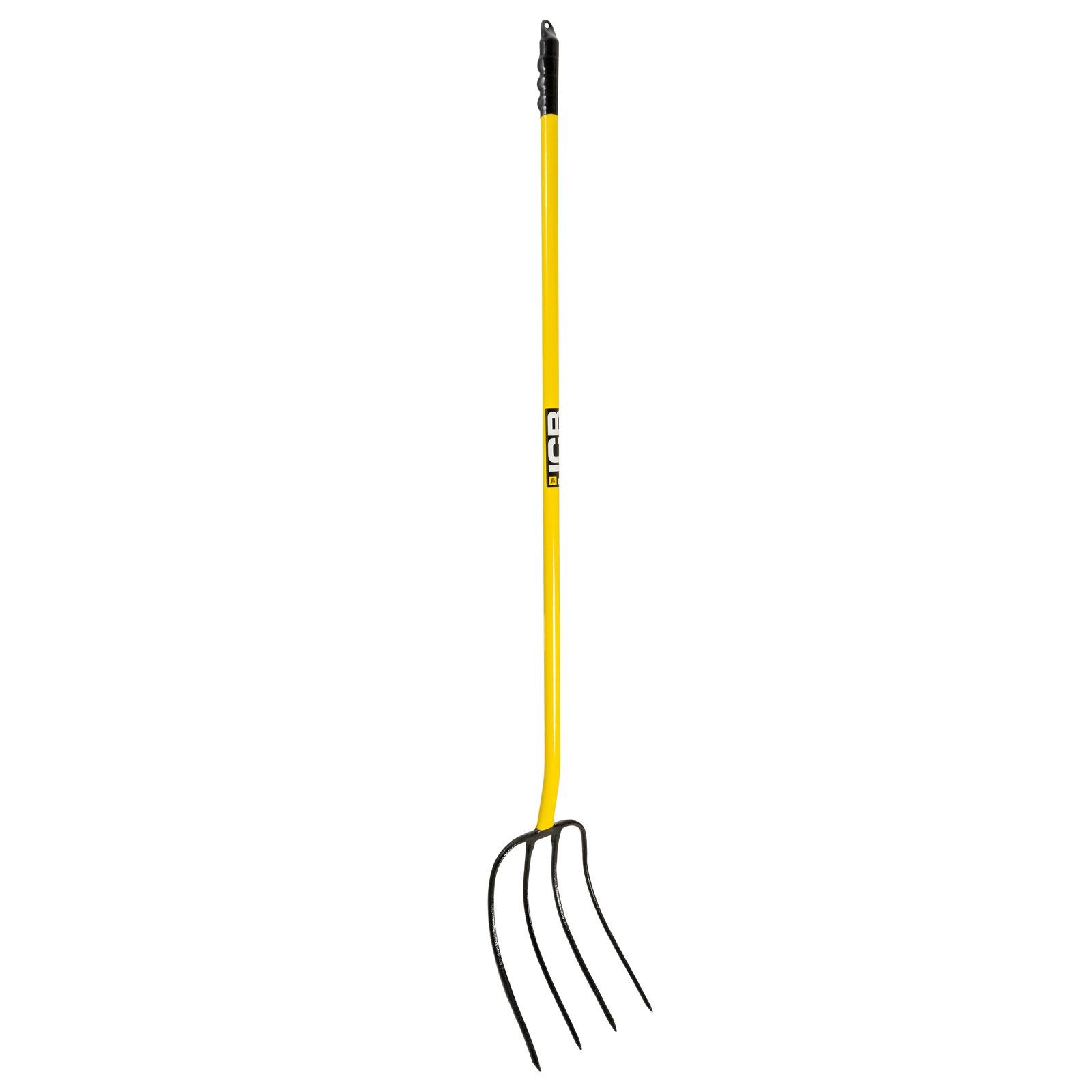Heavy-duty manure fork with a straight yellow carbon steel handle and three sturdy black steel tines, designed for professional use.