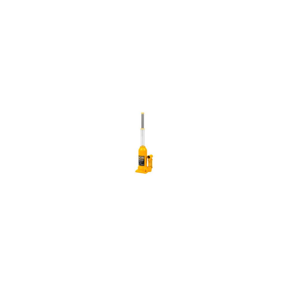 Heavy-duty yellow hydraulic bottle jack with a maximum lift of 474mm, featuring a sturdy metal construction and a prominent JCB logo on the front.