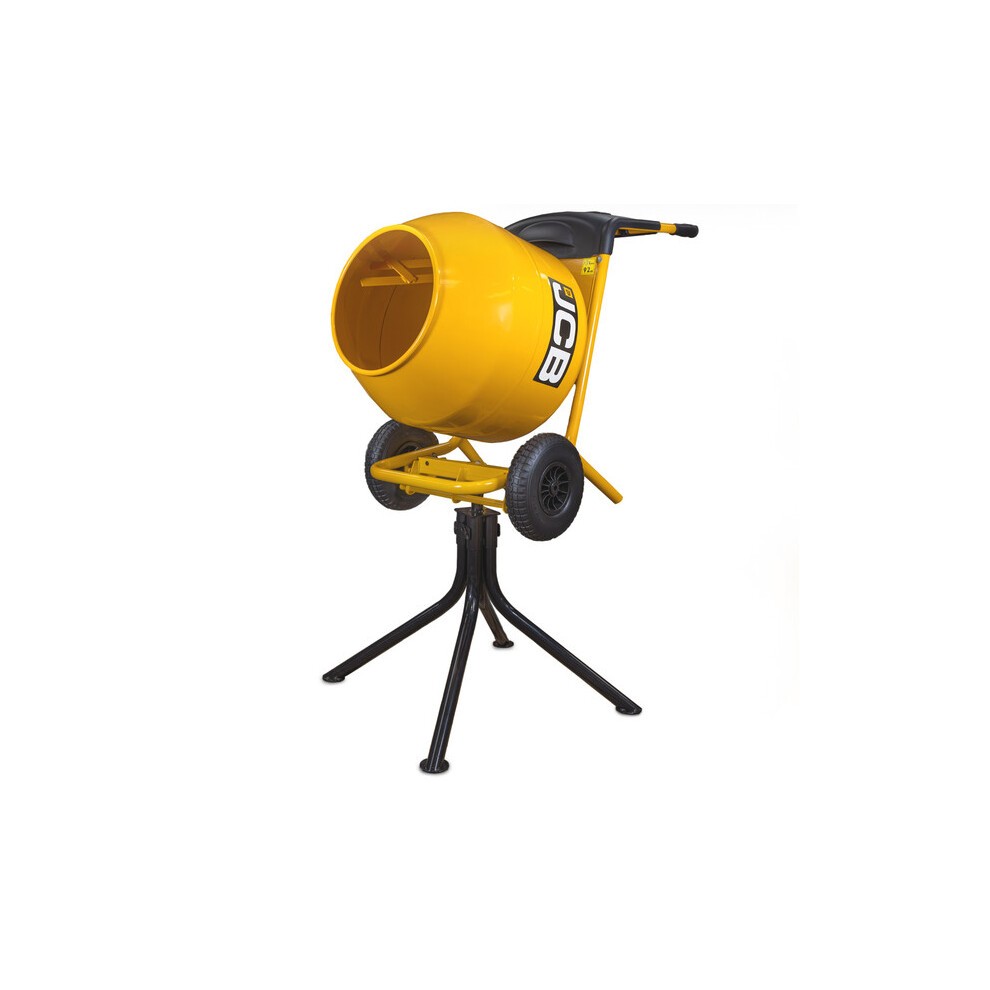 Yellow JCB cement mixer with a cylindrical drum, black handle, and sturdy black stand, featuring wheels for mobility and a working capacity of 100L.