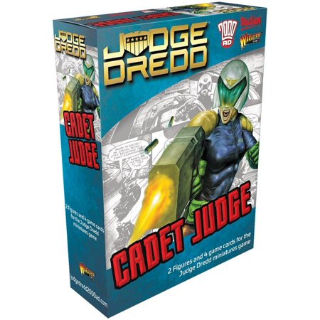 Box for "Judge Dredd: Cadet Judge" features vibrant blue and green artwork, showcasing a futuristic character holding a weapon, with bold yellow text and comic-style graphics.