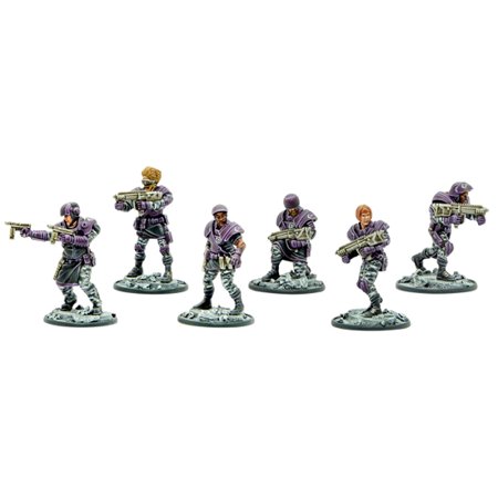 Six miniature figures from "Judge Dredd: Citi-Def" by Warlord Games, dressed in purple and gray uniforms, armed with rifles, standing on textured bases.