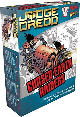 Box for "Judge Dredd: Cursed Earth Raiders" featuring vibrant artwork, showcasing three miniatures and game cards, with a bold title and colorful illustrations of characters and vehicles.
