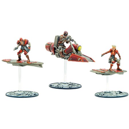 Three miniatures from "Judge Dredd: Mutant Sky Raiders," featuring two figures on hoverboards and one on a futuristic bike, all in vibrant red and gray with clear bases.