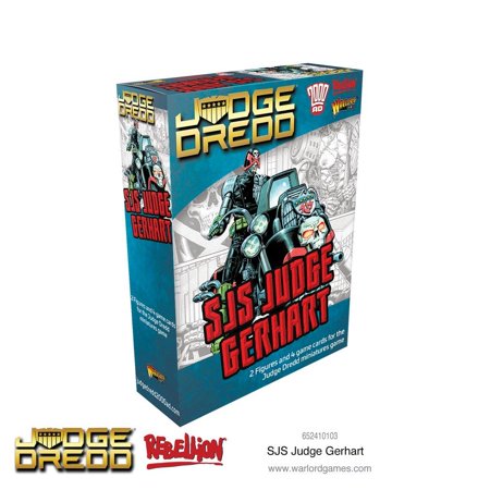Box packaging for "Judge Dredd: SJS Judge Gerhart" featuring vibrant artwork, showcasing two figures and game cards, with bold colors and iconic branding elements.