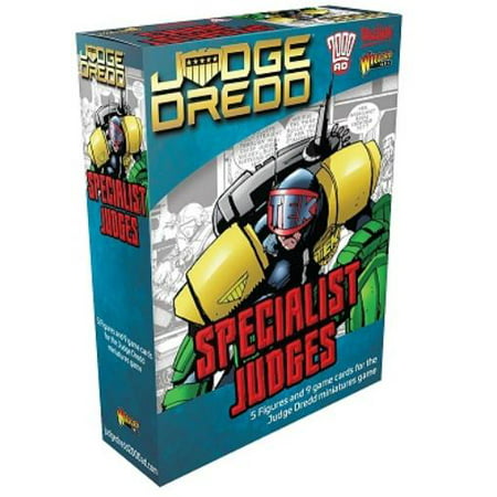 Colorful box featuring "Judge Dredd: Specialist Judges" with comic-style artwork, showcasing a futuristic character in a helmet and armor, and includes 5 figures and game components.