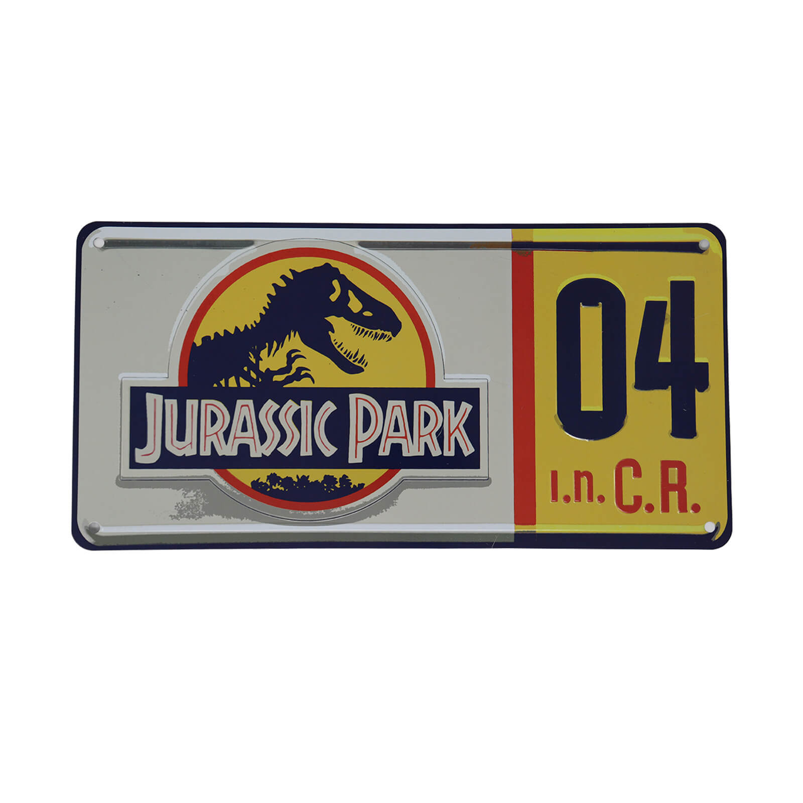 A colorful metal replica number plate featuring the Jurassic Park logo, with a dinosaur graphic, the text "JURASSIC PARK," and the number "04" in bold yellow and red accents.