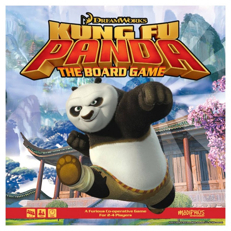 Colorful board game box featuring Kung Fu Panda, with a dynamic panda character in action, set against a scenic background, labeled "Kung Fu Panda: The Board Game" prominently.