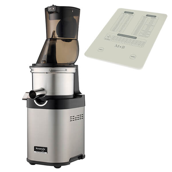 Kuvings CS700 silver juicer features a sleek stainless steel body, a transparent top hopper, and comes with a complimentary recipe guide.