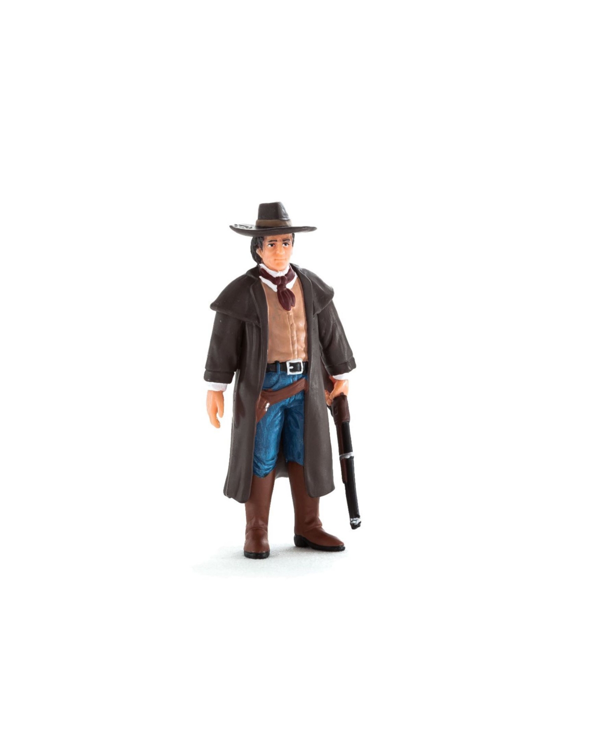 Wild West lawman figurine in multi-colors, wearing a brown coat, blue pants, and a black hat, holding a rifle, made from durable plastic.