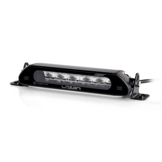 Black aluminum LED light bar with six bright white lights, featuring a sleek design and mounting brackets for easy installation.