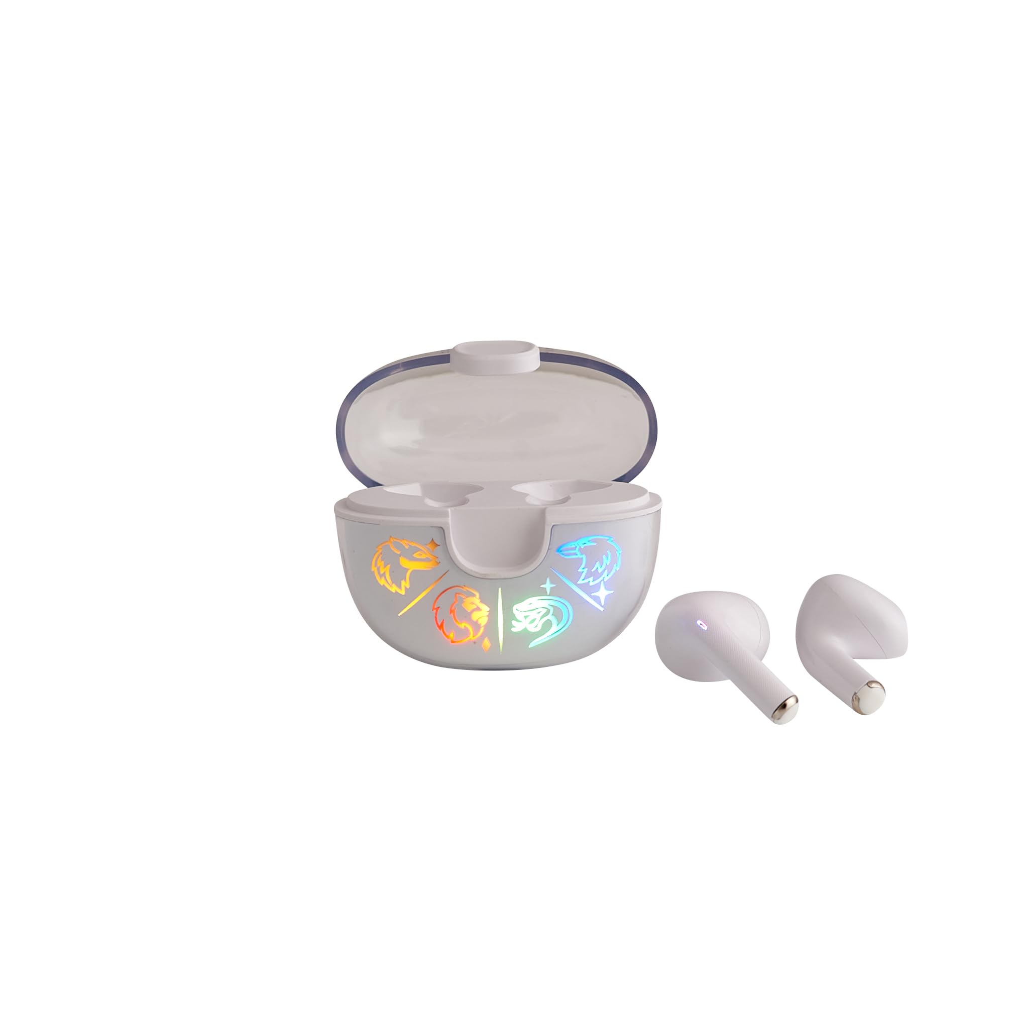 White Bluetooth earphones in a charging case featuring colorful illuminated Hogwarts house logos; sleek design with a glossy finish and gold accents.