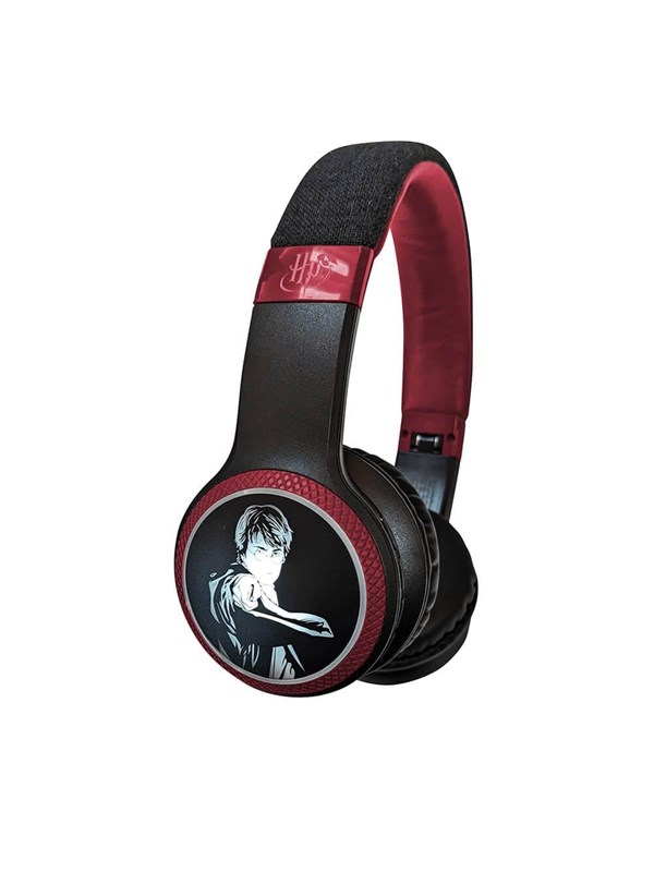 Black and burgundy Bluetooth headphones featuring a Harry Potter Patronus design, with a textured headband and illuminated accents.