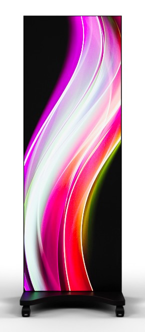 V-POSTER indoor display by LED Studio featuring a sleek black frame, vibrant pink and white wave patterns, and a modern design suitable for various indoor settings.