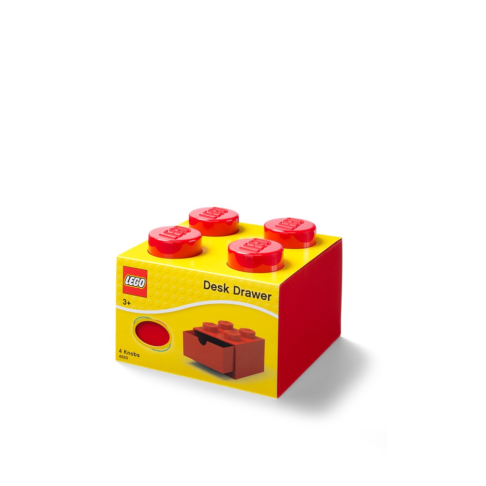 Red LEGO-inspired desk drawer featuring four prominent red knobs on top, with a yellow base and a playful design suitable for organizing small items.