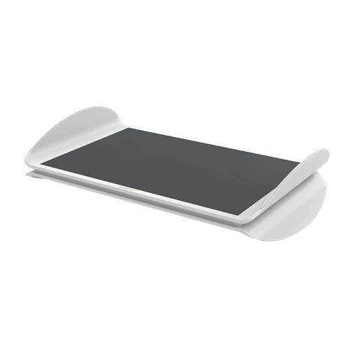 White tilt-adjustable footrest with a sleek design, featuring a smooth black surface and rounded ends for comfort, measuring 300mm in height and 508mm in width.