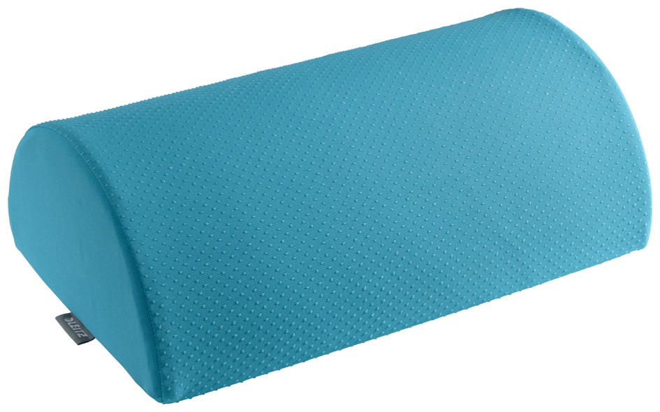 Calm blue, curved footrest made of textured fabric, featuring a non-slip surface for comfort and support while seated.