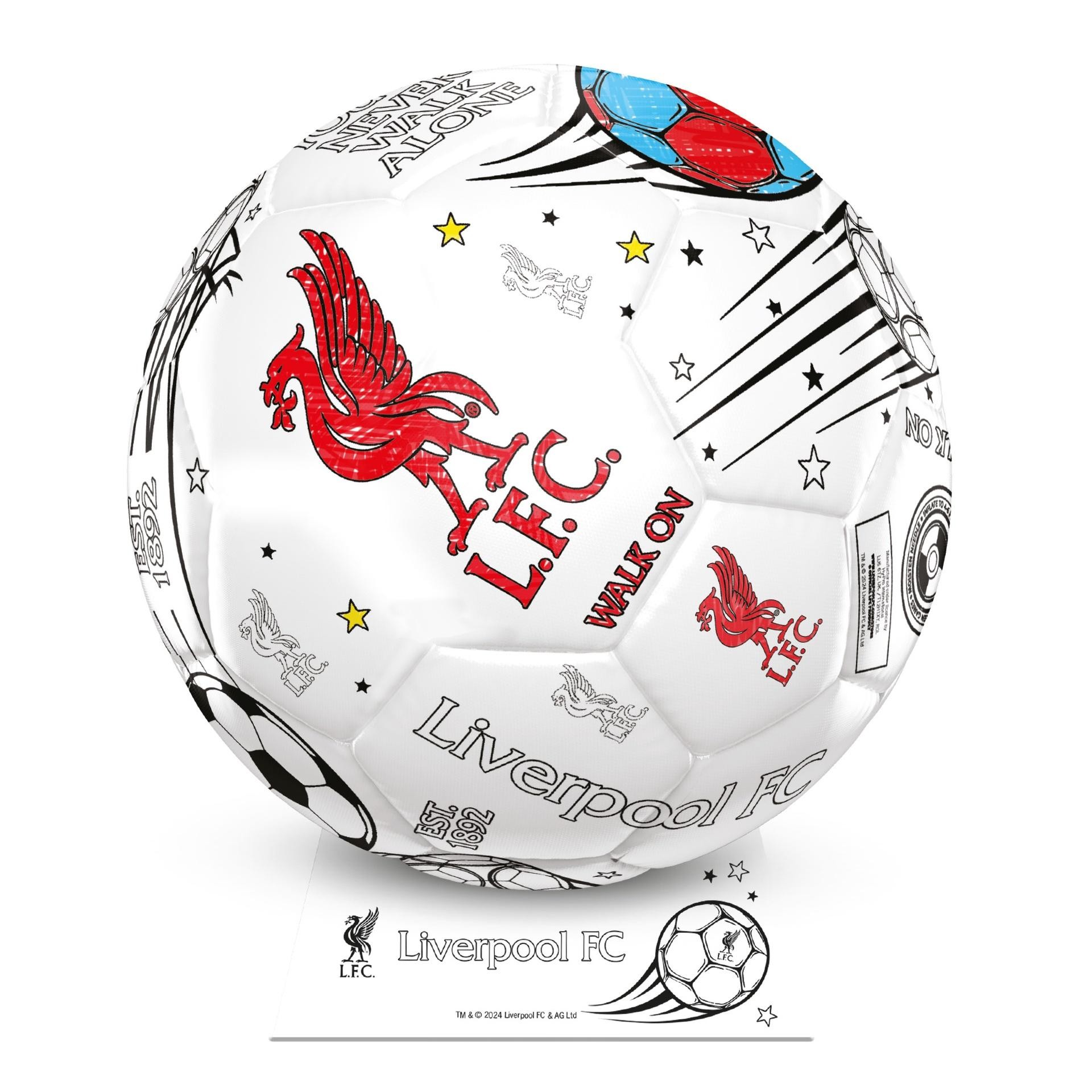 White mini football featuring Liverpool FC branding, red Liverbird logo, and various black illustrations, designed for coloring and play.