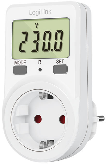 LogiLink Energy Cost Meter with a 1.5" LCD display, featuring a white plastic housing, a single socket, and buttons for mode and setting adjustments.