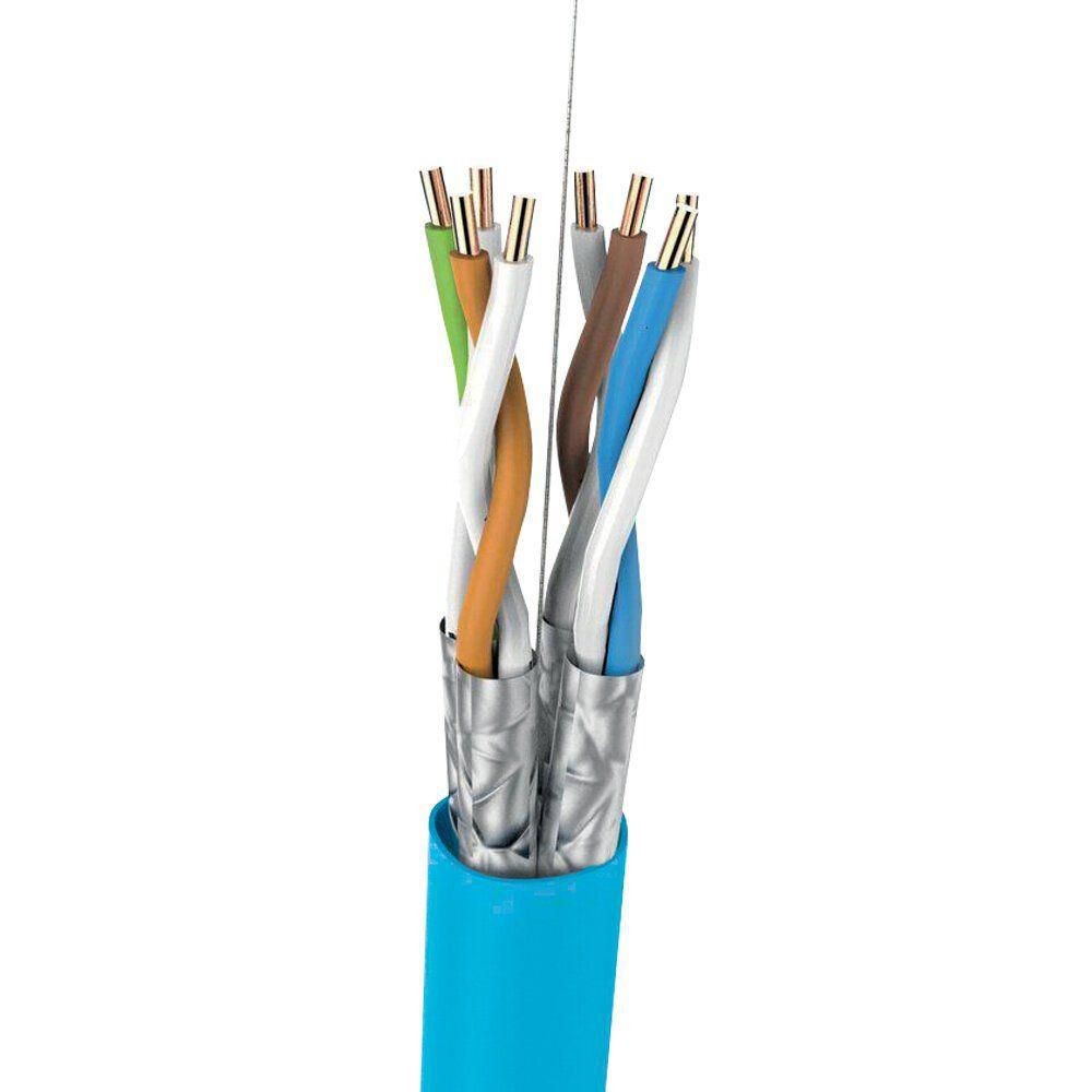 Premium C6 CPR cable in a blue outer sheath, featuring multiple inner wires in colors: green, brown, blue, white, and gray, with a metallic finish on the wire ends.